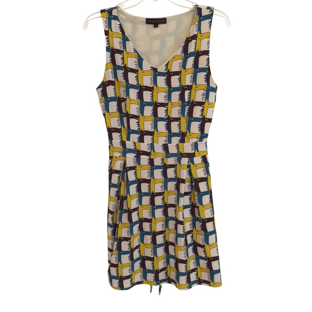 SM Wardrobe Womens Abstract Horse Print Sleeveless Crepe V-Neck Mini Dress M EUC